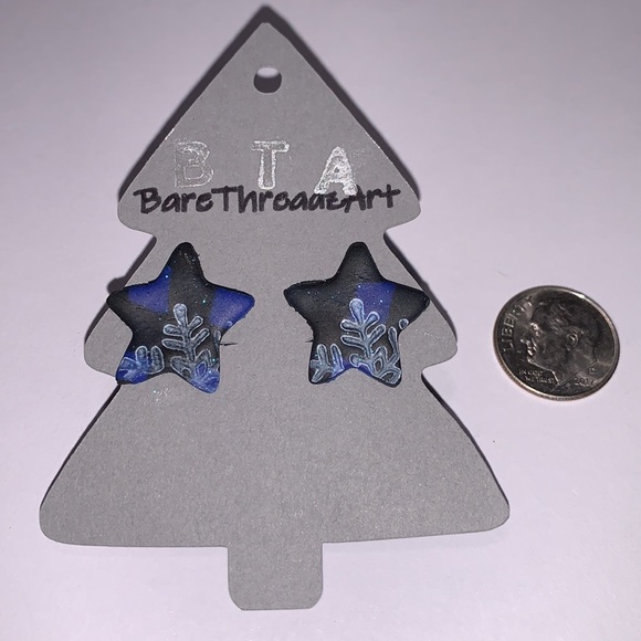 Handmade Blue Plaid Stars with Snowflake Earrings - Picture 2 of 3